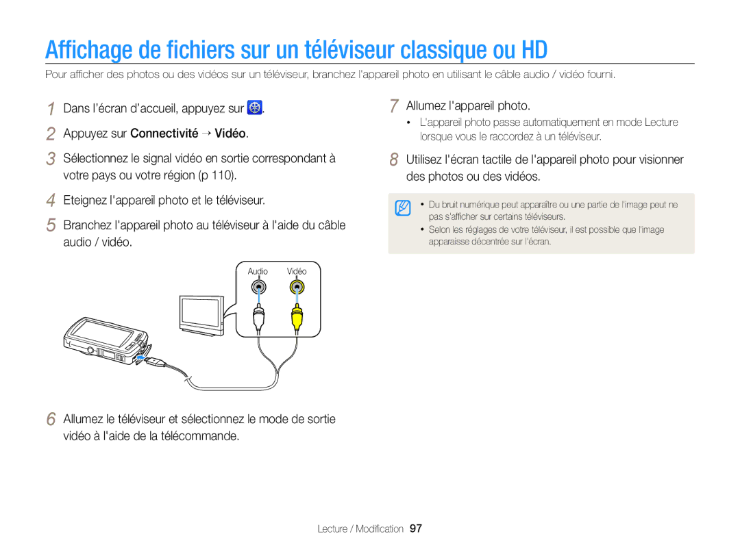 Samsung EC-ST65ZZBPBE1, EC-ST65ZZDPBZA, EC-ST65ZZBPSE1, EC-ST6500DPBZA Afﬁchage de ﬁchiers sur un téléviseur classique ou HD 