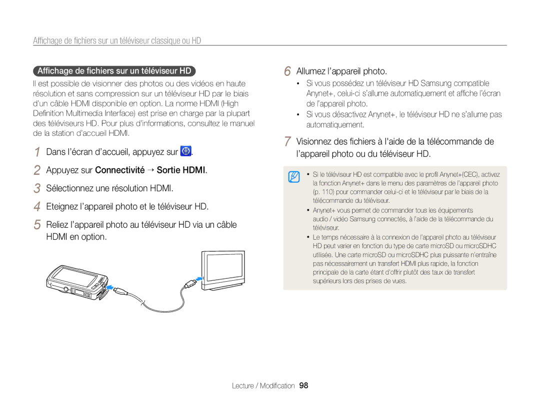 Samsung EC-ST65ZZDPBZA, EC-ST65ZZBPSE1, EC-ST6500DPBZA, EC-ST65ZZDPSZA Afﬁchage de ﬁchiers sur un téléviseur classique ou HD 