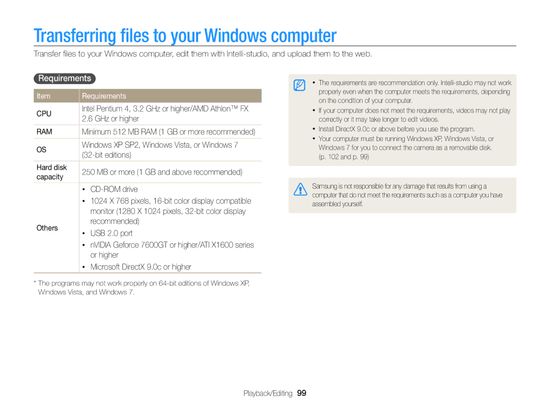 Samsung EC-ST6500BPBE3, EC-ST65ZZDPBZA, EC-ST65ZZBPSE1 manual Transferring ﬁles to your Windows computer, Requirements 