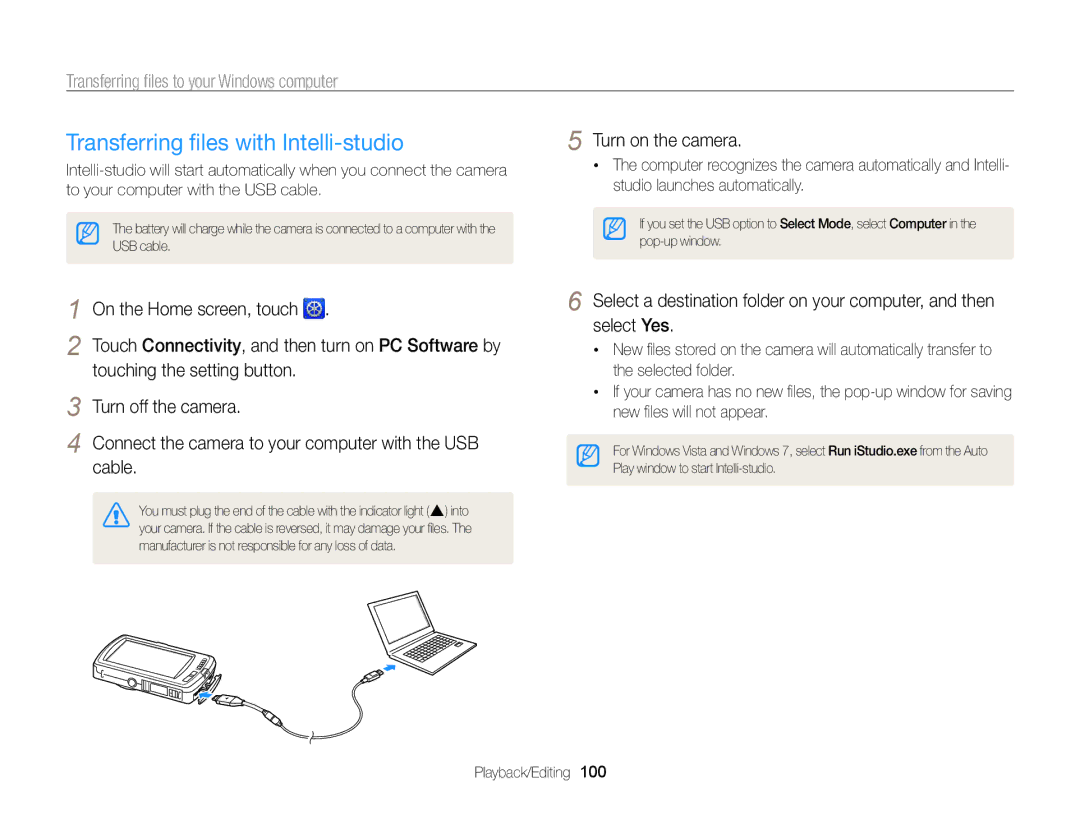 Samsung EC-ST65ZZBPUE3 manual Transferring ﬁles with Intelli-studio, Transferring ﬁles to your Windows computer, Cable 