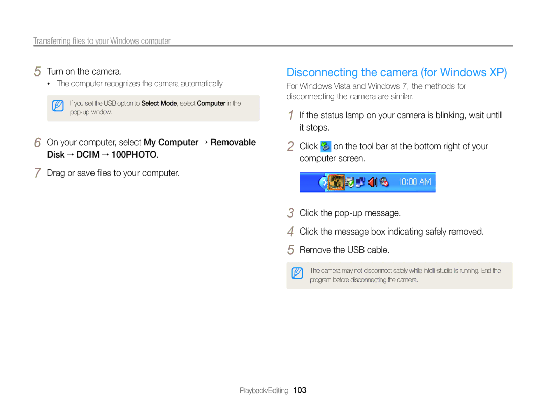 Samsung EC-ST65ZZBPSE2, EC-ST65ZZDPBZA, EC-ST65ZZBPSE1 manual Disconnecting the camera for Windows XP, Turn on the camera 