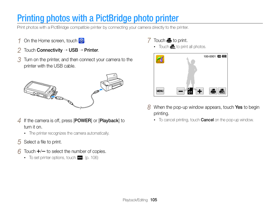 Samsung EC-ST65ZZBPEE2, EC-ST65ZZDPBZA, EC-ST65ZZBPSE1, EC-ST6500DPBZA manual Printing photos with a PictBridge photo printer 