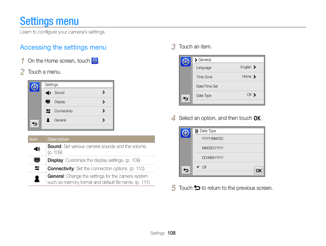 Samsung EC-ST65ZZBPRRU Settings menu, Accessing the settings menu, On the Home screen, touch Touch a menu, Touch an item 