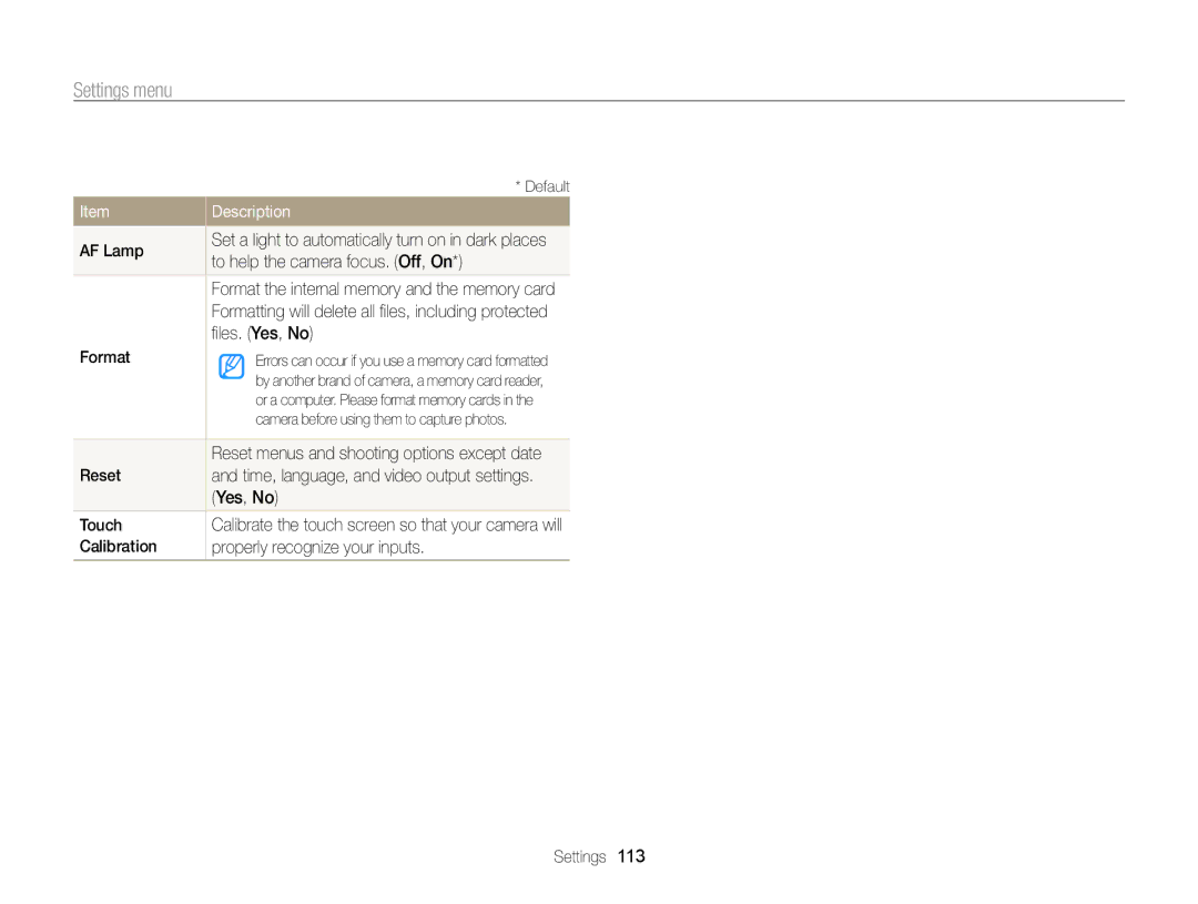 Samsung EC-ST6500DPBZA, EC-ST65ZZDPBZA AF Lamp, To help the camera focus. Off, On, ﬁles. Yes, No, Format, Reset, Touch 