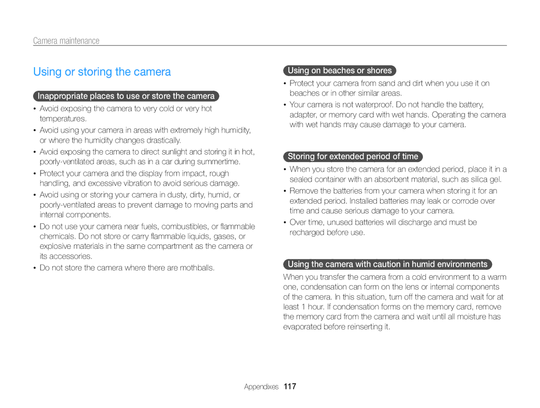 Samsung EC-ST65ZZBPRE1, EC-ST65ZZDPBZA, EC-ST65ZZBPSE1, EC-ST6500DPBZA manual Using or storing the camera, Camera maintenance 