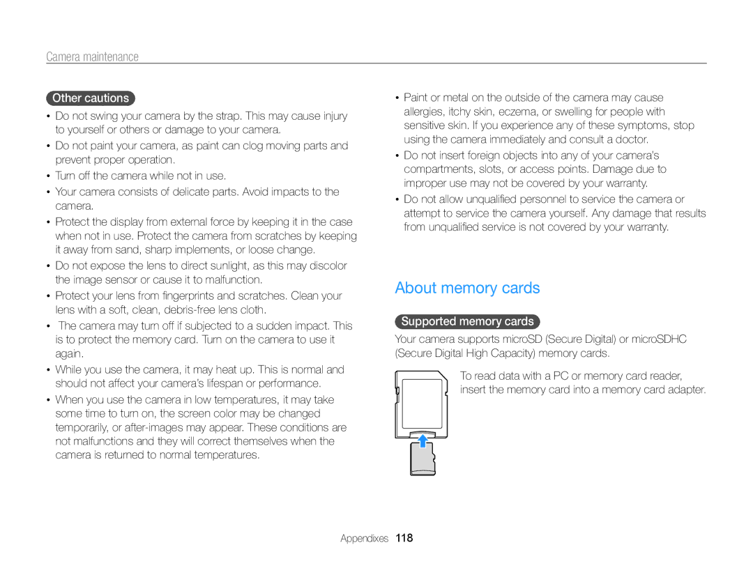 Samsung EC-ST65ZZDPRZA, EC-ST65ZZDPBZA, EC-ST65ZZBPSE1 manual About memory cards, Other cautions, Supported memory cards 