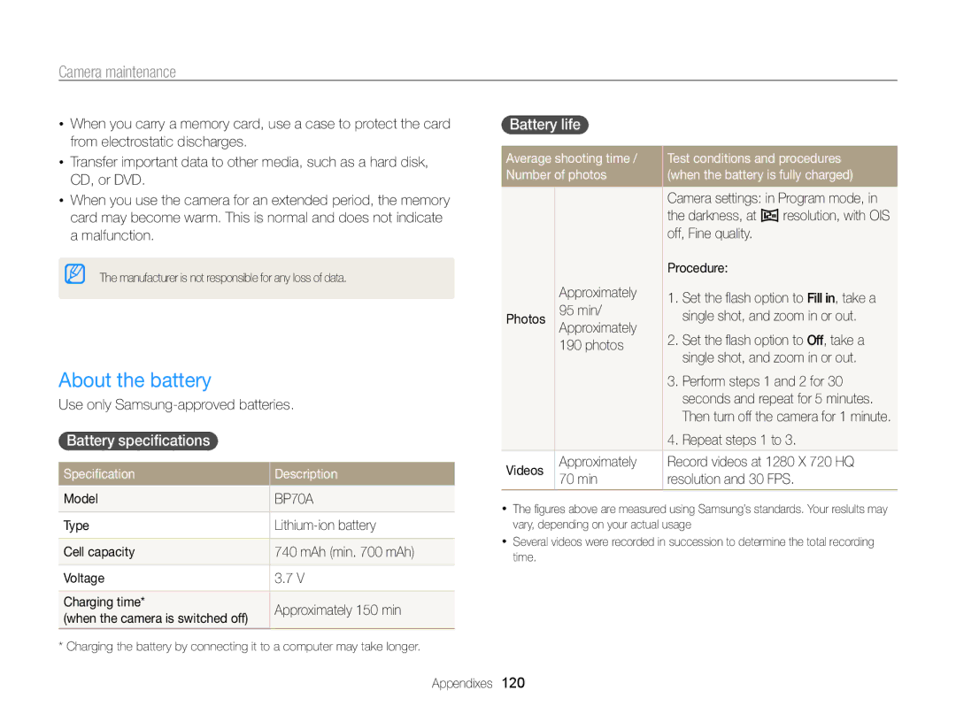 Samsung EC-ST65ZZBDRVN, EC-ST65ZZDPBZA About the battery, Battery speciﬁcations, Battery life, Speciﬁcation Description 