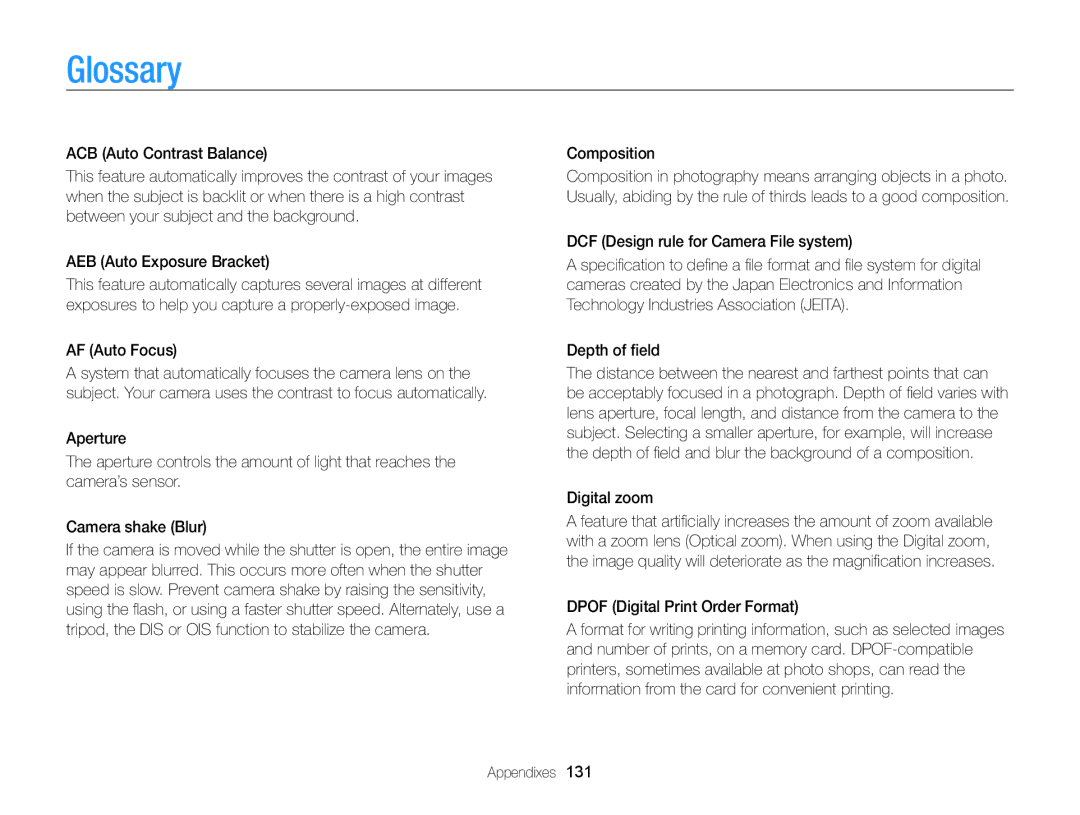 Samsung EC-ST65ZZBPSE2, EC-ST65ZZDPBZA manual Glossary, AF Auto Focus, Composition, Dpof Digital Print Order Format 