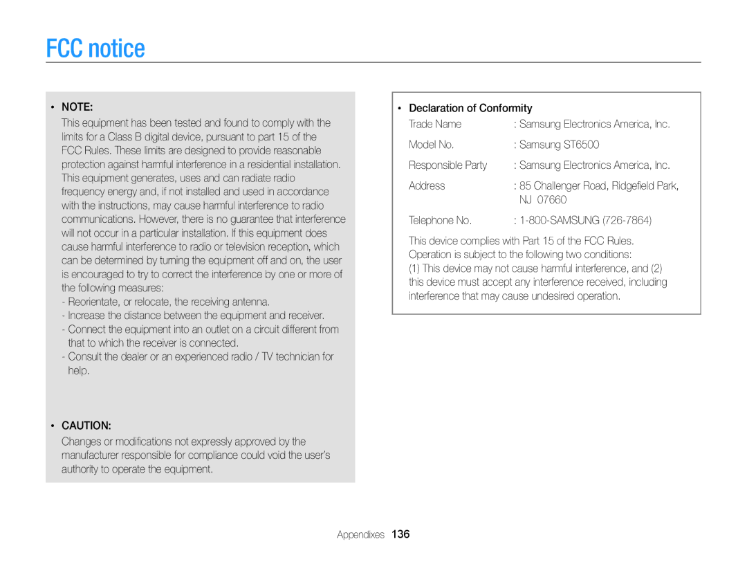 Samsung EC-ST65ZZBPRRU manual FCC notice, Model No Samsung ST6500 Responsible Party, Address, Telephone No Samsung 