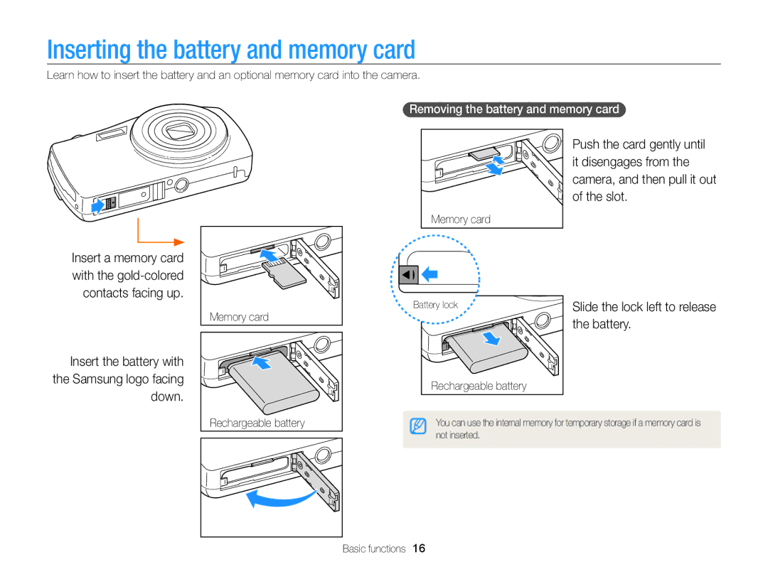 Samsung EC-ST65ZZBPUE3 manual Inserting the battery and memory card, Battery, Removing the battery and memory card 