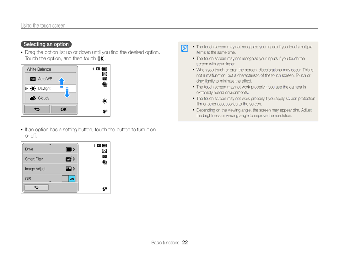 Samsung EC-ST6500BPBRU, EC-ST65ZZDPBZA, EC-ST65ZZBPSE1, EC-ST6500DPBZA manual Using the touch screen, Selecting an option 