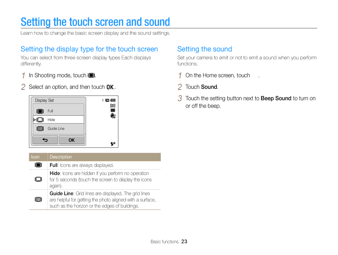 Samsung EC-ST65ZZBPURU, EC-ST65ZZDPBZA Setting the touch screen and sound, Setting the display type for the touch screen 