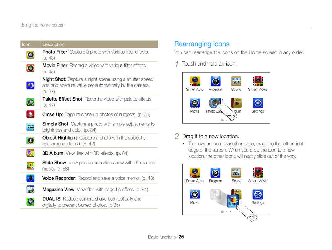 Samsung EC-ST65ZZBPSRU manual Rearranging icons, Using the Home screen, Touch and hold an icon, Drag it to a new location 