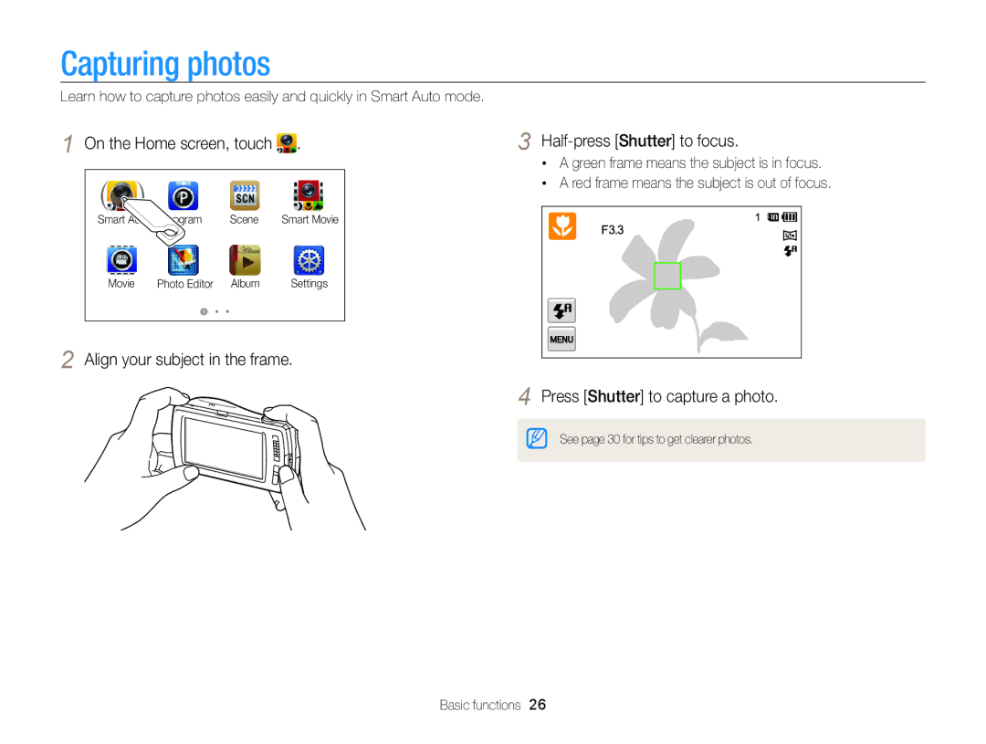 Samsung EC-ST6500BPSE3, EC-ST65ZZDPBZA manual Capturing photos, Align your subject in the frame Half-press Shutter to focus 