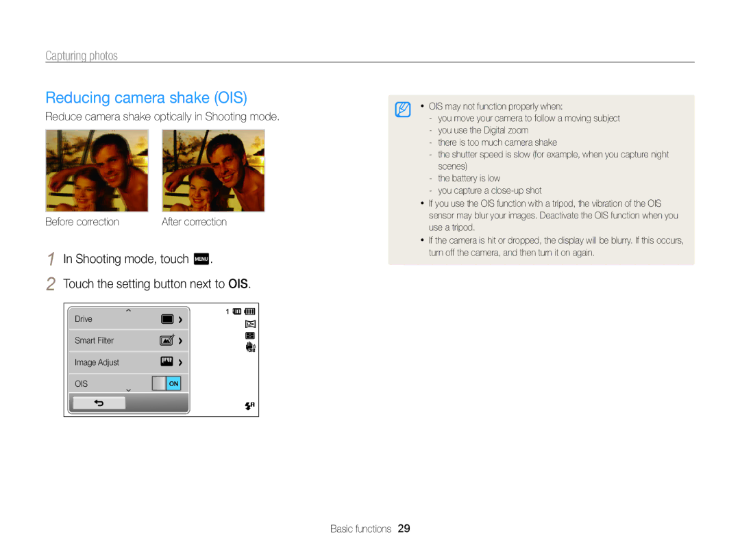 Samsung EC-ST6500DPBZA manual Reducing camera shake OIS, Shooting mode, touch m Touch the setting button next to OIS 