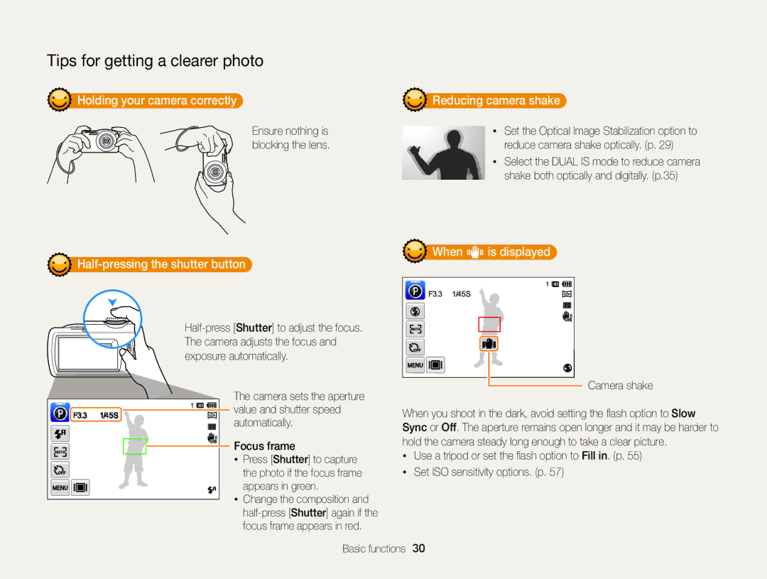 Samsung EC-ST65ZZDPSZA manual Holding your camera correctly Reducing camera shake, Half-pressing the shutter button 