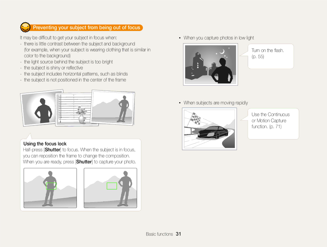 Samsung EC-ST65ZZBPUE1, EC-ST65ZZDPBZA, EC-ST65ZZBPSE1, EC-ST6500DPBZA manual Preventing your subject from being out of focus 