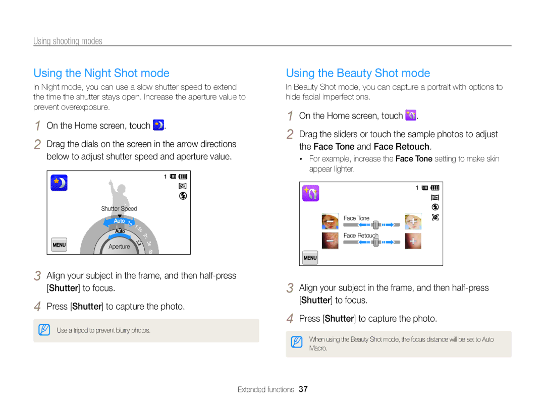 Samsung EC-ST65ZZBDUVN, EC-ST65ZZDPBZA Using the Night Shot mode, Using the Beauty Shot mode, Face Tone and Face Retouch 