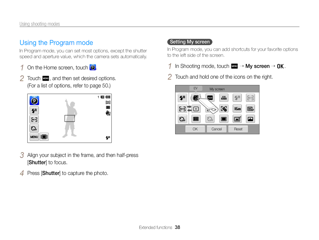 Samsung EC-ST65ZZBDSVN, EC-ST65ZZDPBZA Using the Program mode, Setting My screen, Touch m, and then set desired options 