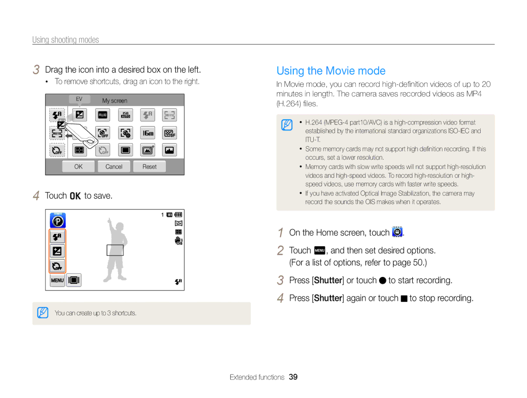 Samsung EC-ST6500BDBVN Using the Movie mode, Drag the icon into a desired box on the left, For a list of options, refer to 