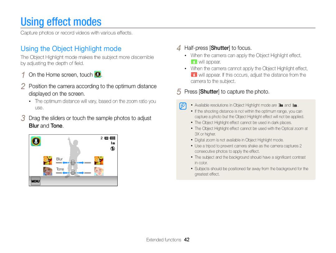 Samsung EC-ST65ZZBPBE3 manual Using effect modes, Using the Object Highlight mode, Displayed on the screen, Blur and Tone 