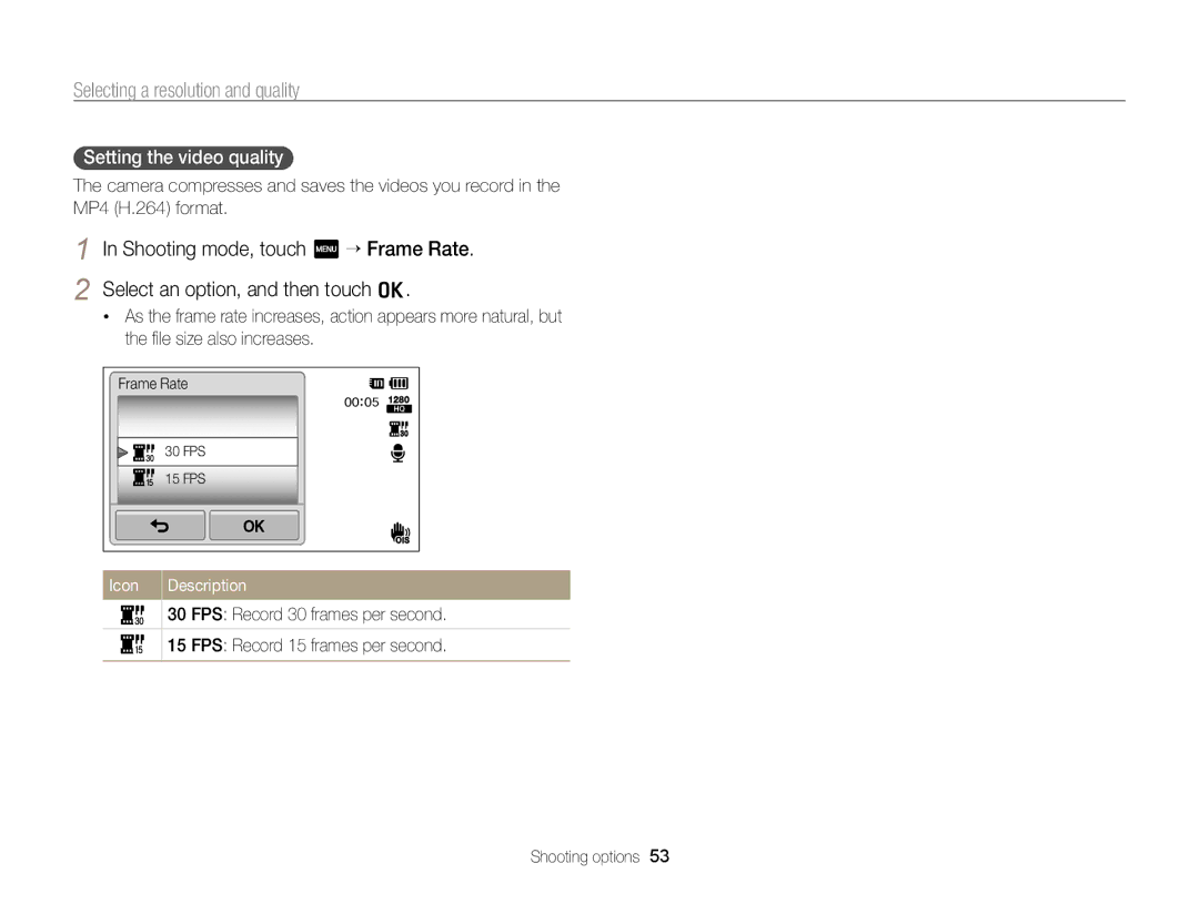 Samsung EC-ST65ZZBPSRU, EC-ST65ZZDPBZA, EC-ST65ZZBPSE1, EC-ST6500DPBZA, EC-ST65ZZDPSZA manual Setting the video quality 