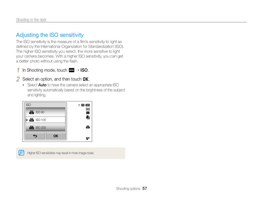 Samsung EC-ST6500DPBZA, EC-ST65ZZDPBZA, EC-ST65ZZBPSE1, EC-ST65ZZDPSZA, EC-ST65ZZBPUE1 manual Adjusting the ISO sensitivity 