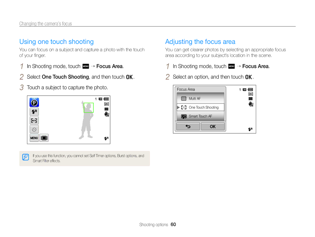 Samsung EC-ST65ZZBPEE1, EC-ST65ZZDPBZA, EC-ST65ZZBPSE1, EC-ST6500DPBZA Using one touch shooting, Adjusting the focus area 