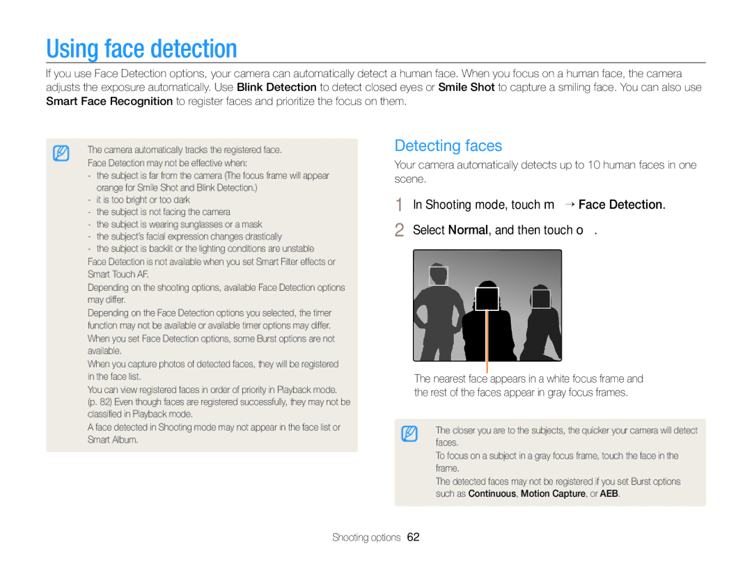 Samsung EC-ST65ZZDPRZA, EC-ST65ZZDPBZA, EC-ST65ZZBPSE1, EC-ST6500DPBZA, EC-ST65ZZDPSZA Using face detection, Detecting faces 