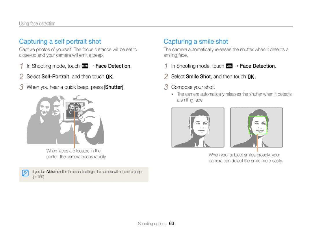 Samsung EC-ST65ZZBPBE1 Capturing a self portrait shot, Capturing a smile shot, Using face detection, Compose your shot 
