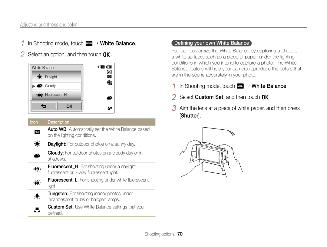 Samsung EC-ST65ZZBPBE3, EC-ST65ZZDPBZA, EC-ST65ZZBPSE1, EC-ST6500DPBZA, EC-ST65ZZDPSZA manual Deﬁning your own White Balance 