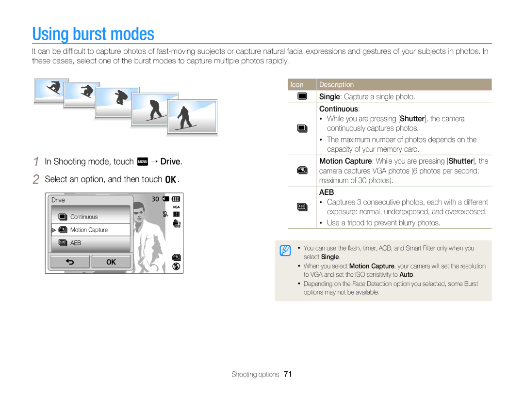 Samsung EC-ST6500BPBE3, EC-ST65ZZDPBZA, EC-ST65ZZBPSE1 manual Using burst modes, Use a tripod to prevent blurry photos 