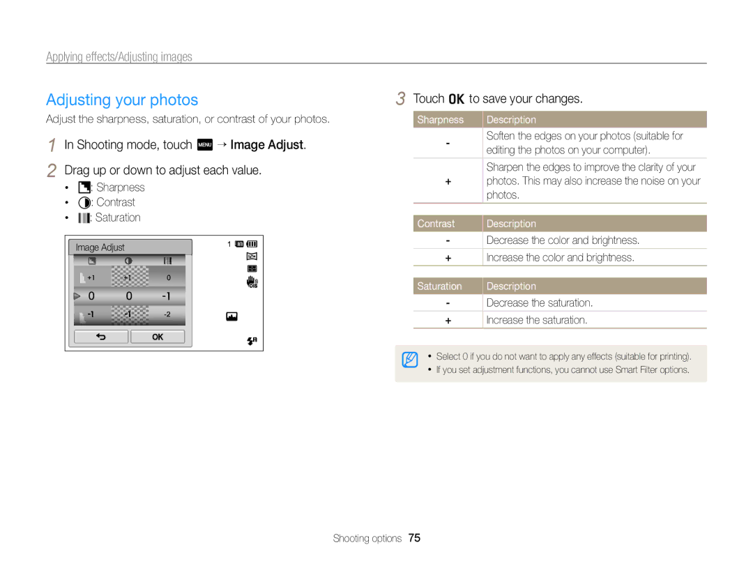 Samsung EC-ST65ZZBPSE2 manual Adjusting your photos, Sharpness Description, Editing the photos on your computer, Contrast 