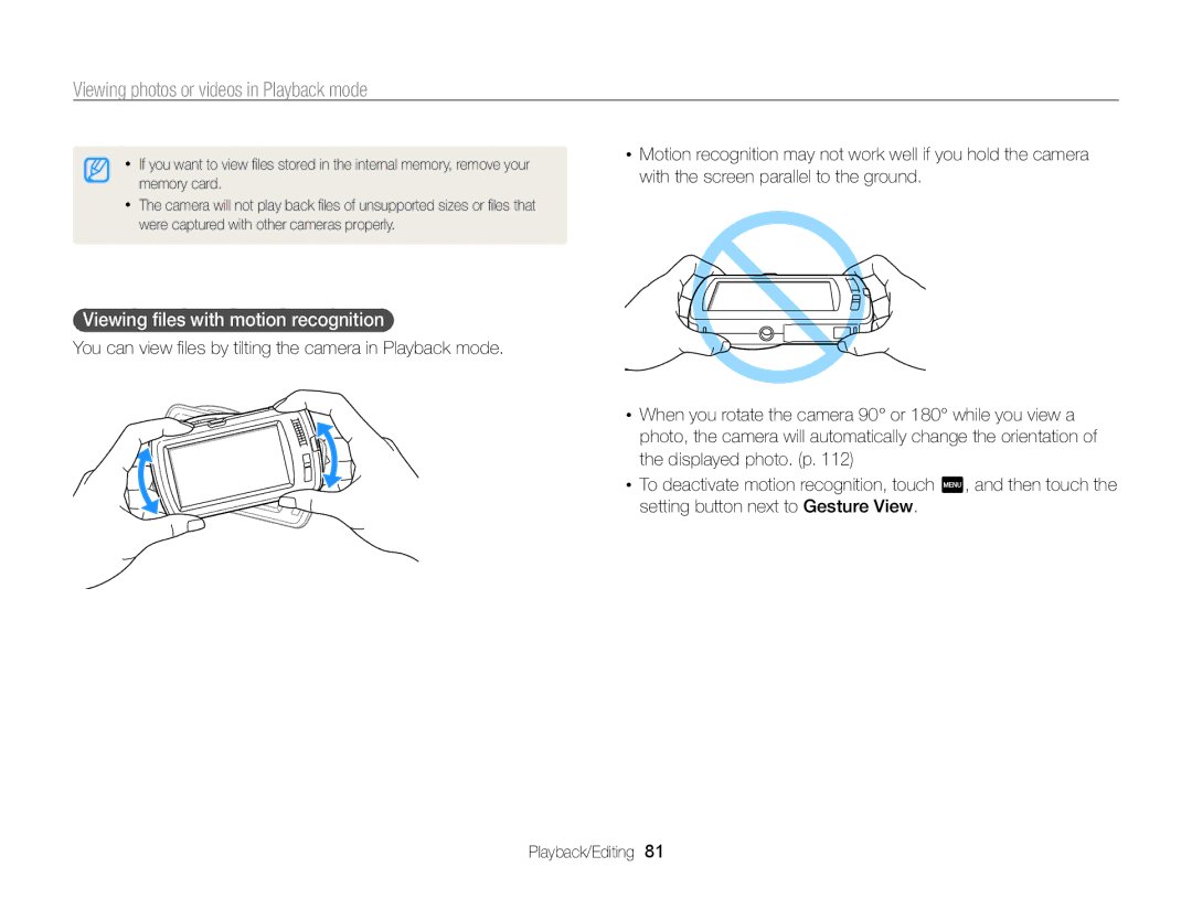 Samsung EC-ST65ZZBPSRU, EC-ST65ZZDPBZA Viewing photos or videos in Playback mode, Viewing ﬁles with motion recognition 