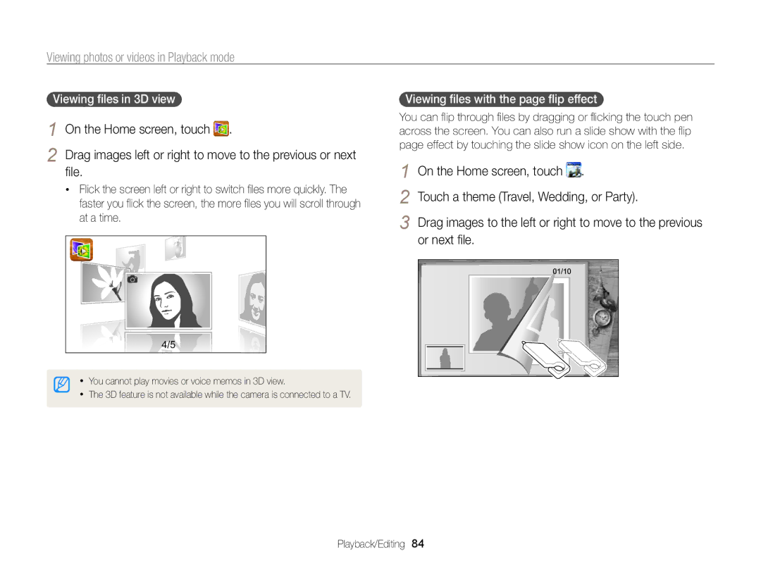 Samsung EC-ST65ZZBPSE1, EC-ST65ZZDPBZA Touch a theme Travel, Wedding, or Party, Or next ﬁle, Viewing ﬁles in 3D view 