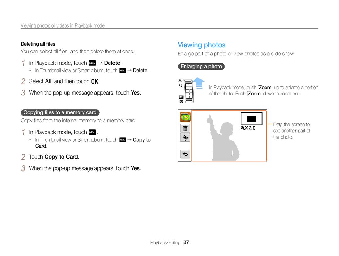 Samsung EC-ST65ZZBPUE1 Viewing photos, Playback mode, touch m “ Delete, Copying ﬁles to a memory card, Enlarging a photo 