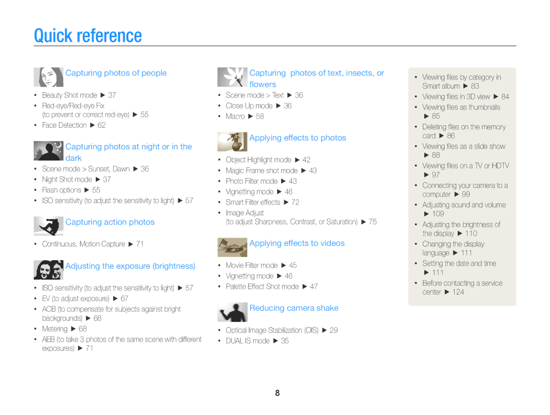 Samsung EC-ST65ZZBDRVN, EC-ST65ZZDPBZA, EC-ST65ZZBPSE1 manual Quick reference, Capturing photos at night or in the dark 