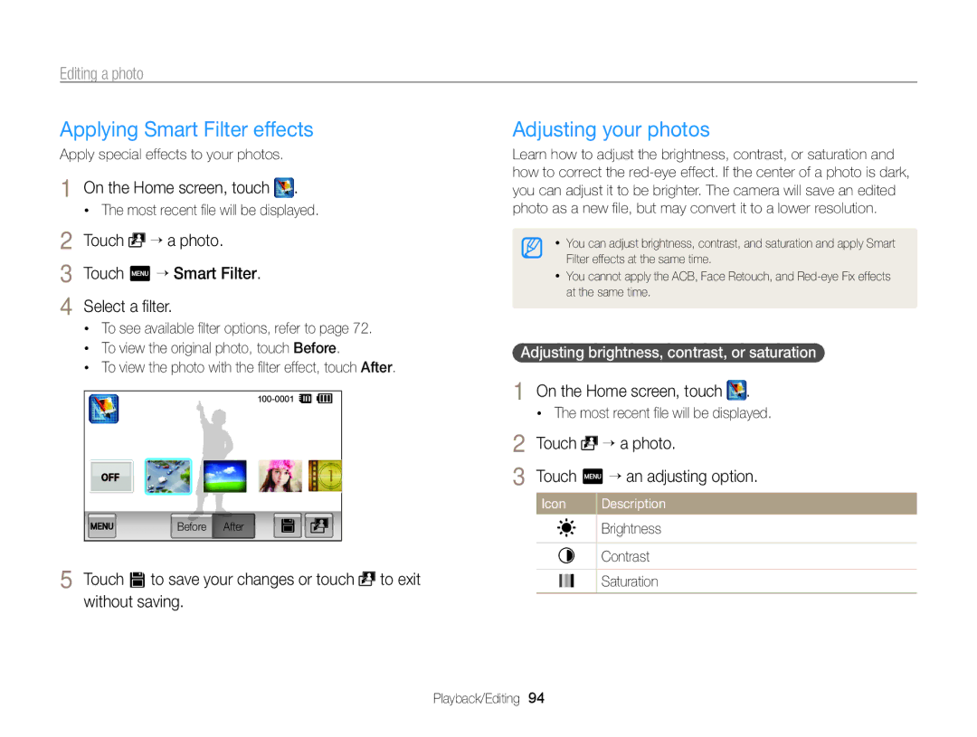 Samsung EC-ST65ZZBDSVN, EC-ST65ZZDPBZA, EC-ST65ZZBPSE1, EC-ST6500DPBZA Touch “ a photo Touch m “ Smart Filter Select a ﬁlter 