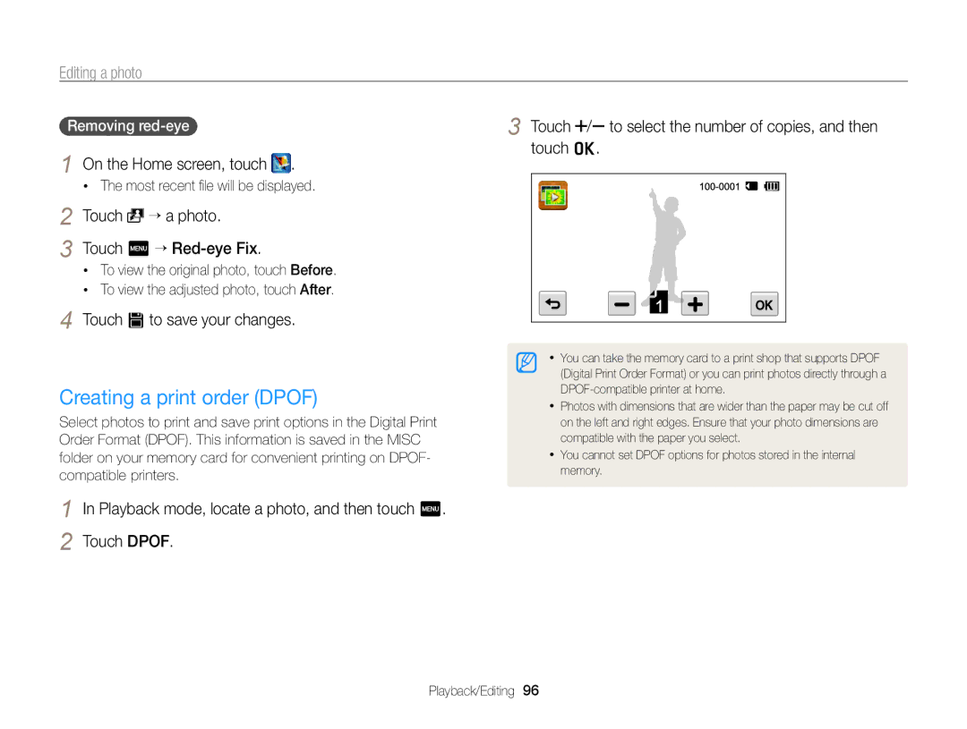 Samsung EC-ST65ZZBPRE3 manual Creating a print order Dpof, Touch “ a photo, Removing red-eye, Touch m “ Red-eye Fix 