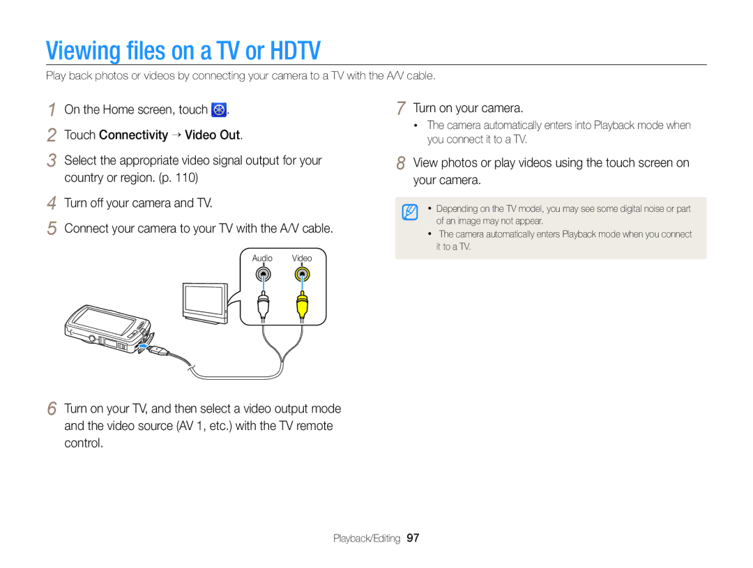 Samsung EC-ST65ZZBPSE3 manual Viewing ﬁles on a TV or Hdtv, On the Home screen, touch Touch Connectivity “ Video Out 