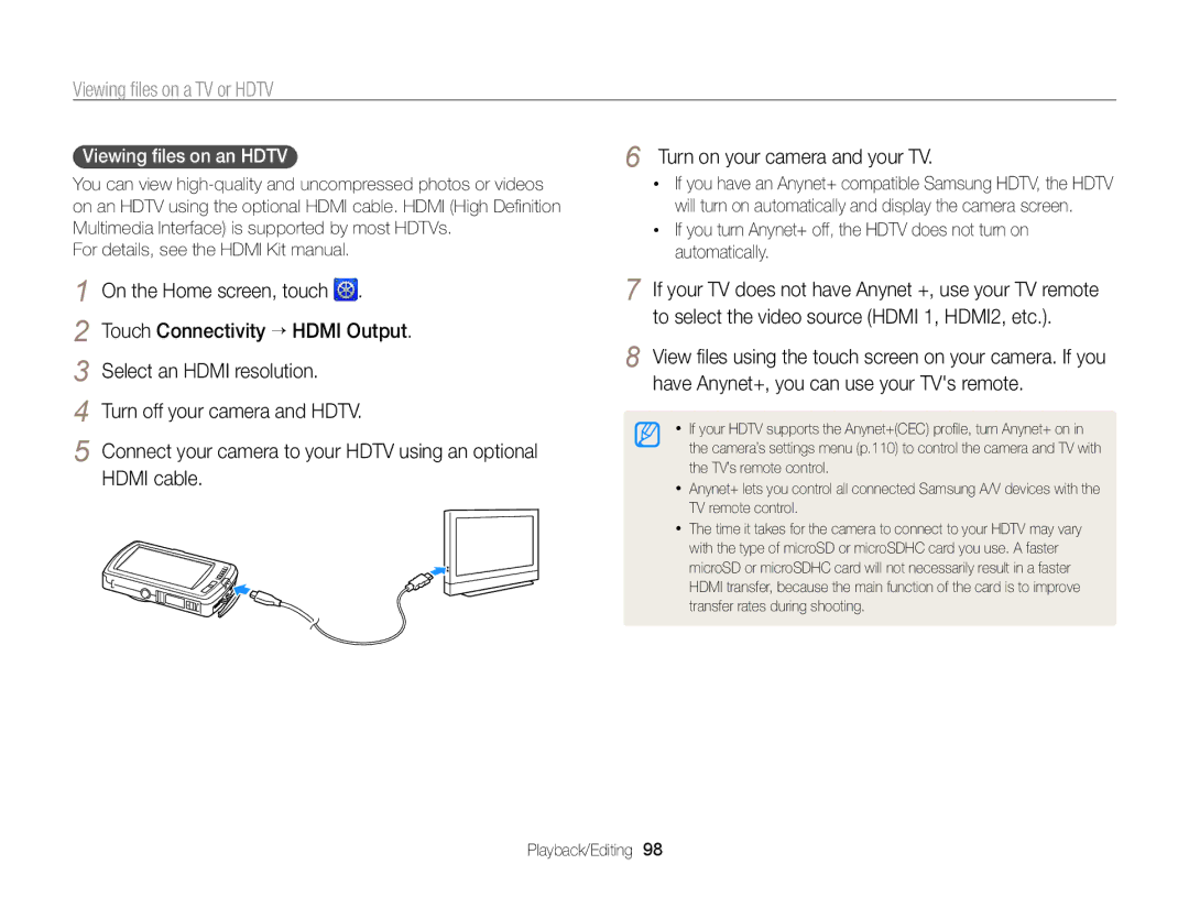 Samsung EC-ST65ZZBPBE3, EC-ST65ZZDPBZA, EC-ST65ZZBPSE1, EC-ST6500DPBZA, EC-ST65ZZDPSZA manual Viewing ﬁles on a TV or Hdtv 