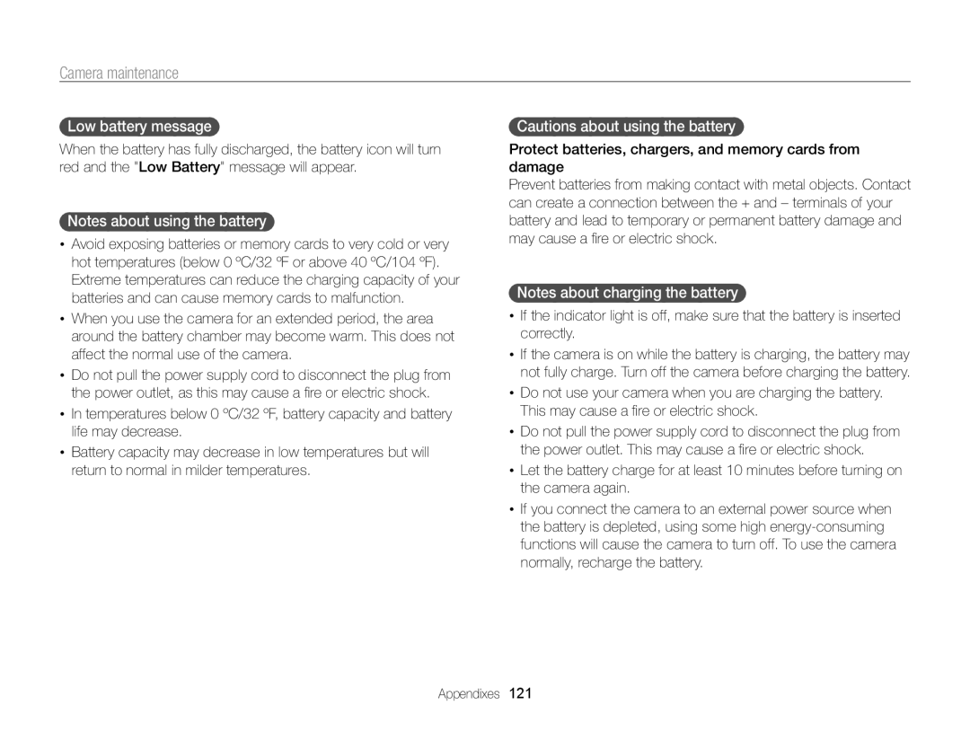 Samsung EC-ST65ZZBDUVN manual Low battery message, Notes about using the battery, Cautions about using the battery 