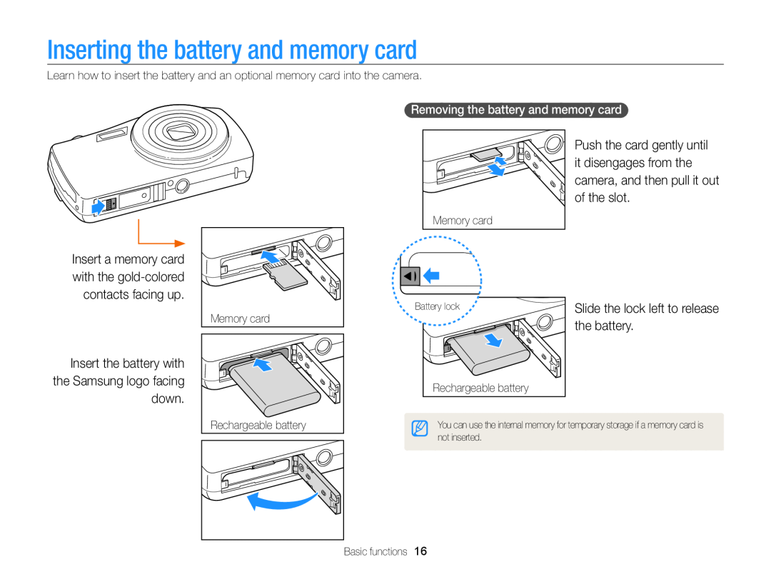 Samsung EC-ST65ZZBPUE3 manual Inserting the battery and memory card, Insert the battery with the Samsung logo facing down 