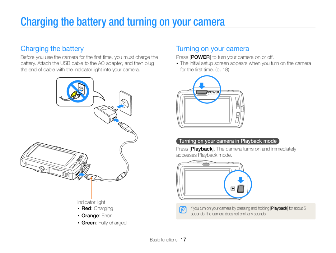 Samsung EC-ST65ZZBPEE3, EC-ST65ZZDPBZA manual Charging the battery and turning on your camera, Turning on your camera 