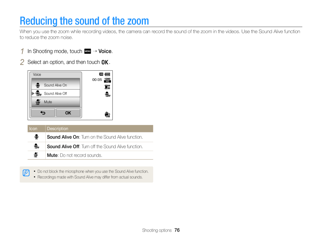 Samsung EC-ST65ZZBPUE2 manual Reducing the sound of the zoom, In Shooting mode, touch m “ Voice, Icon, Description 
