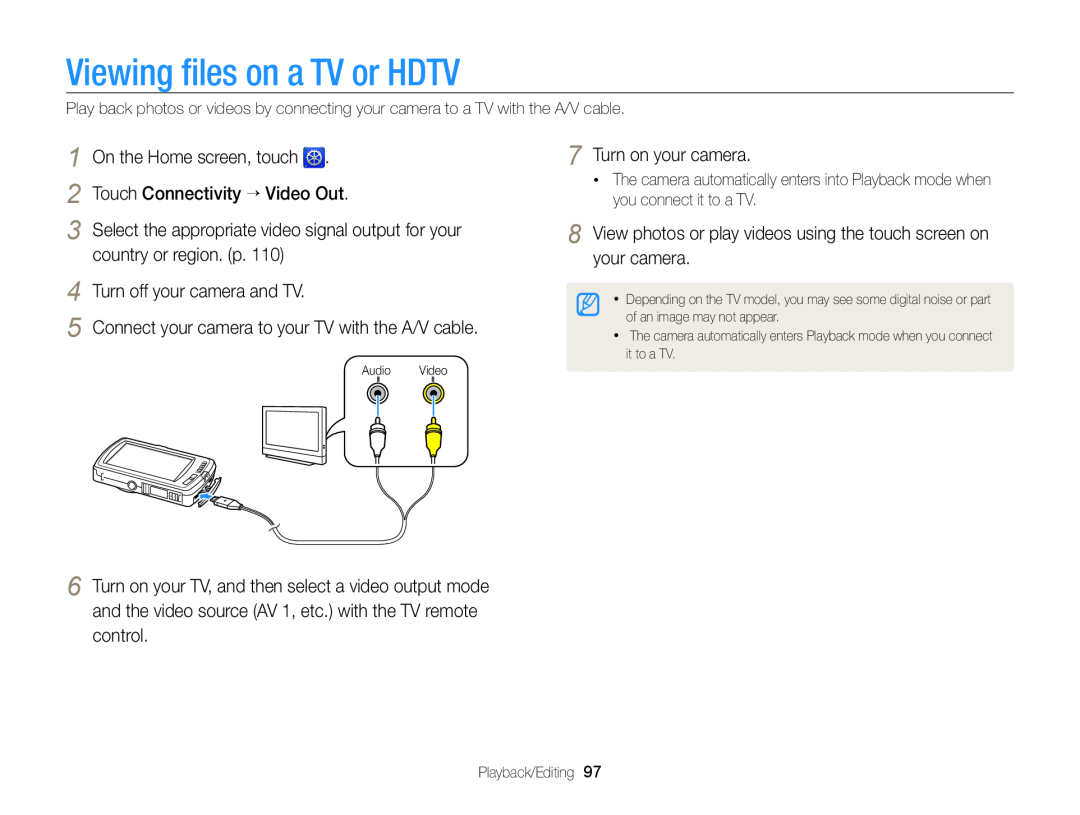 Samsung EC-ST65ZZBPSE3, EC-ST65ZZDPBZA, EC-ST65ZZBPSE1, EC-ST6500DPBZA manual Viewing ﬁles on a TV or HDTV, Audio, Video 