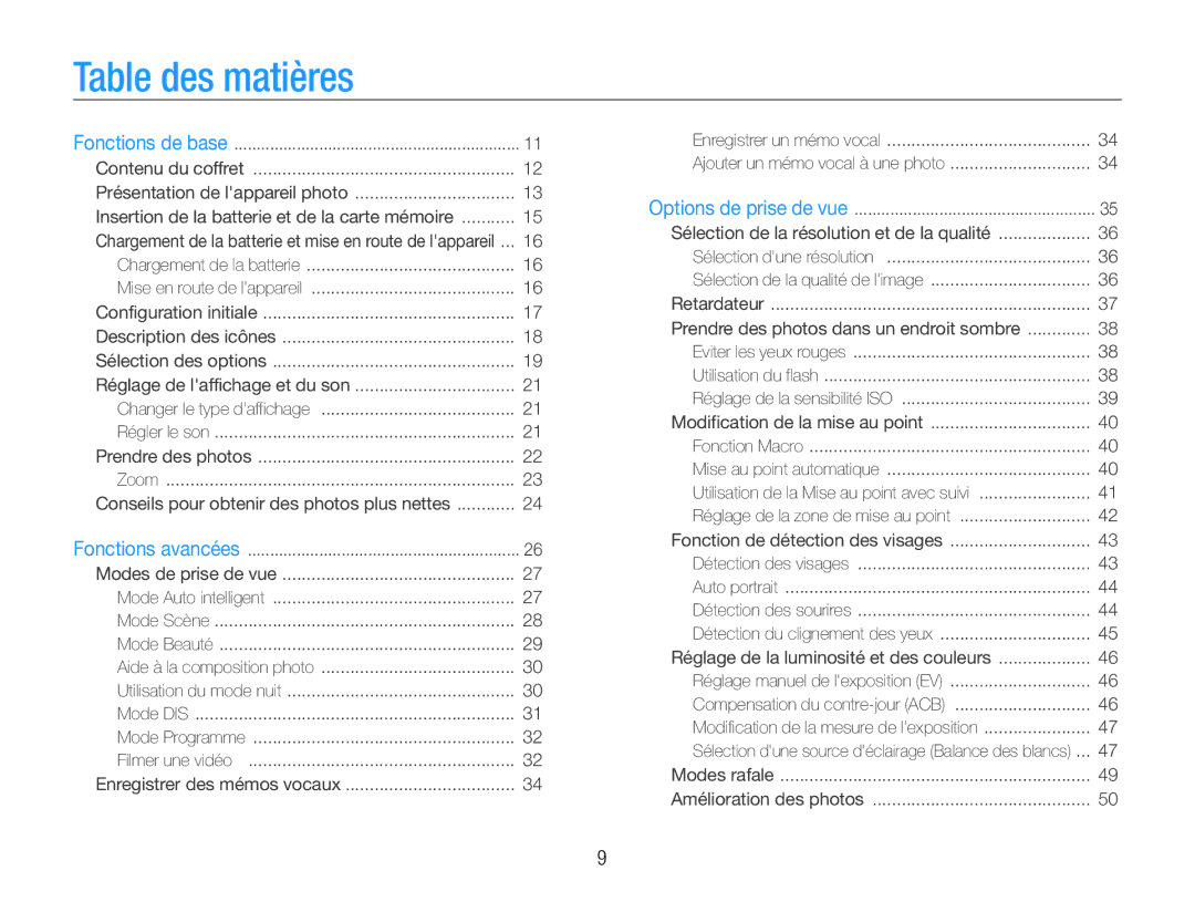 Samsung EC-ST65ZZBPBE1, EC-ST65ZZDPBZA, EC-ST67ZZBPUE1 Table des matières, Conseils pour obtenir des photos plus nettes 