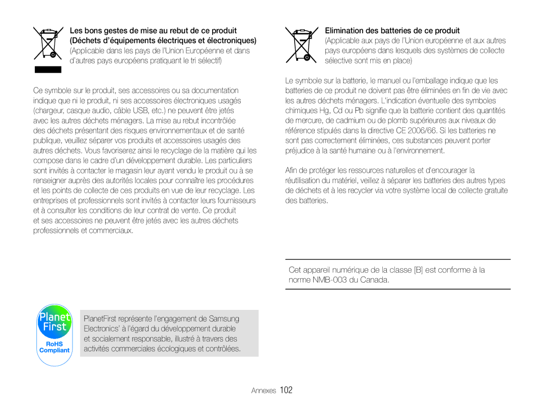 Samsung EC-ST65ZZDPSZA, EC-ST65ZZDPBZA, EC-ST67ZZBPUE1, EC-ST65ZZBPSE1 manual Elimination des batteries de ce produit 