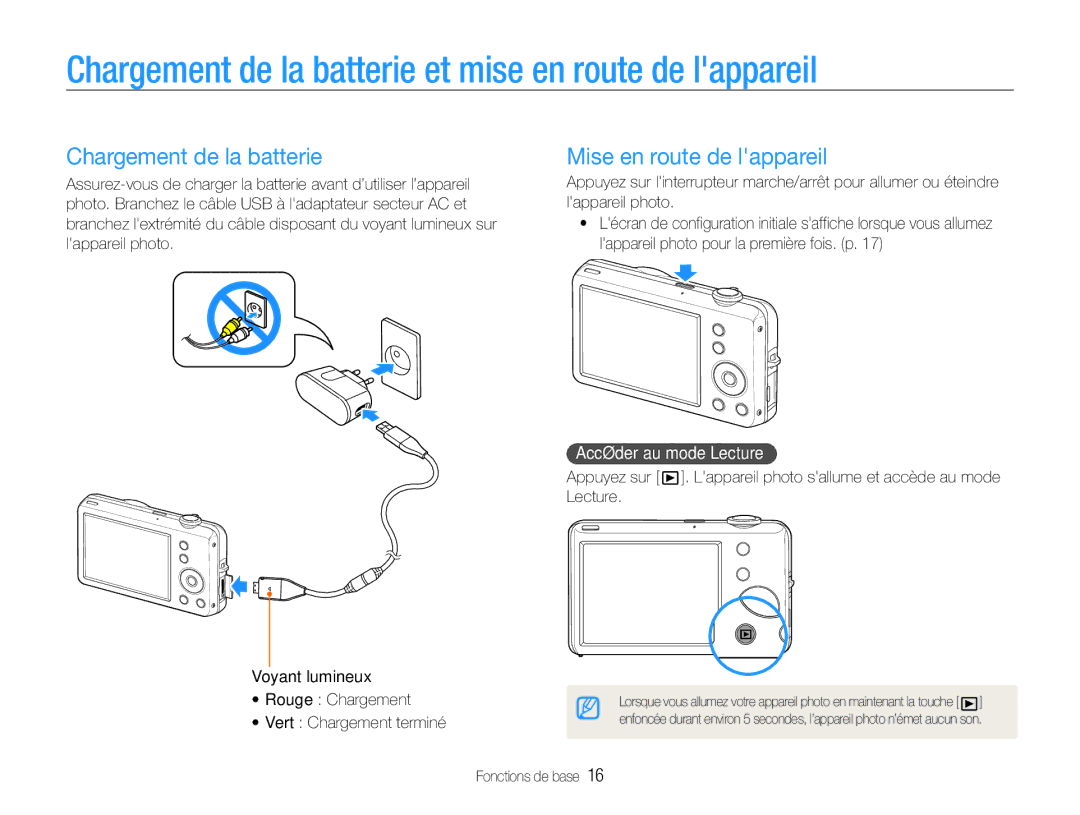 Samsung EC-ST65ZZBPEE1, EC-ST65ZZDPBZA Chargement de la batterie et mise en route de lappareil, Mise en route de lappareil 