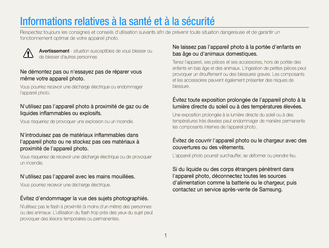 Samsung EC-ST65ZZBPSE1 Informations relatives à la santé et à la sécurité, Vous pourriez recevoir une décharge électrique 